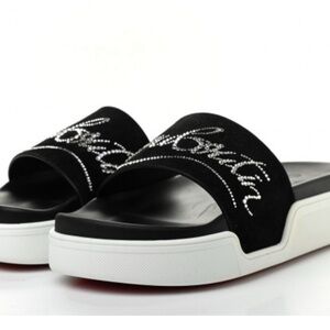 Christian Louboutin Veau Velours Dear Pool Platform Slide Sandals Black 39 EUC